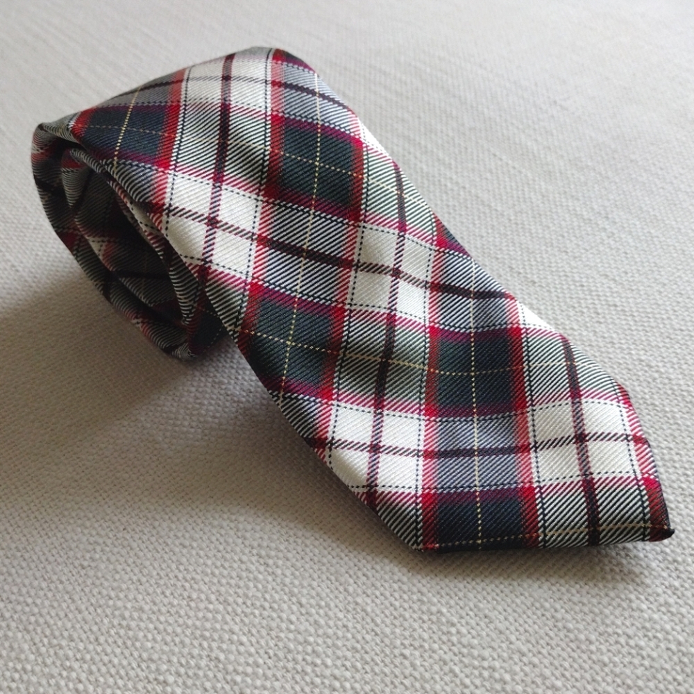 Silk Moschino Green, White, Black, and Red Plaid Men's Tie EUC